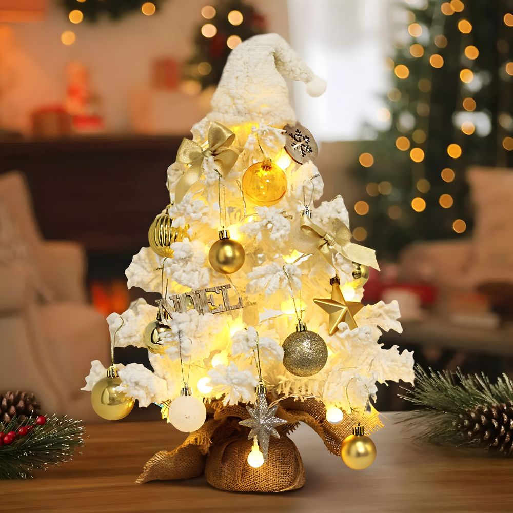 Frosted Noel Tree with Golden Ornaments and Lights