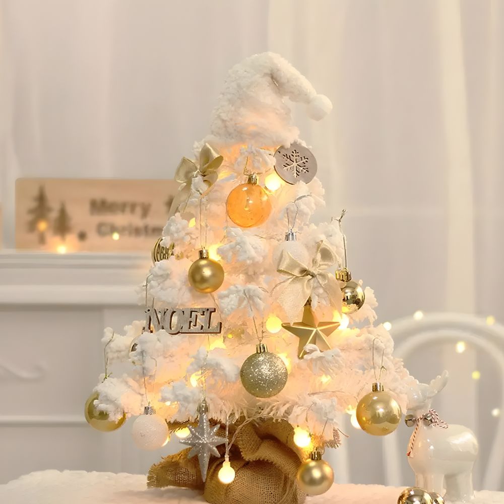 Frosted Noel Tree with Golden Ornaments and Lights