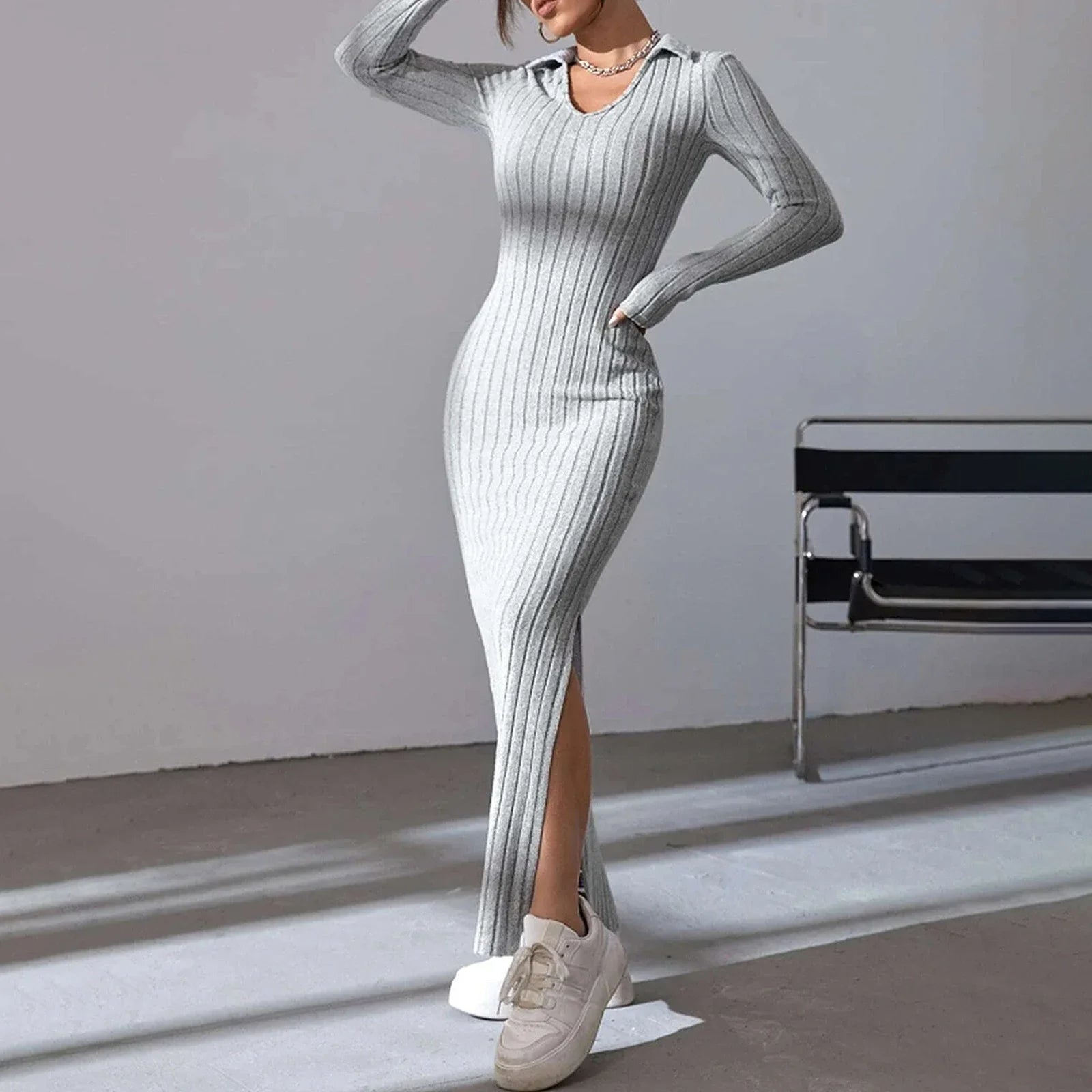 Elegant Ribbed Knit V-Neck Split Side Maxi Dress