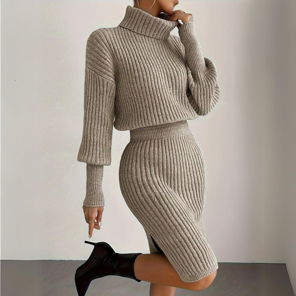 Elegant Ribbed Turtleneck Sweater Dress