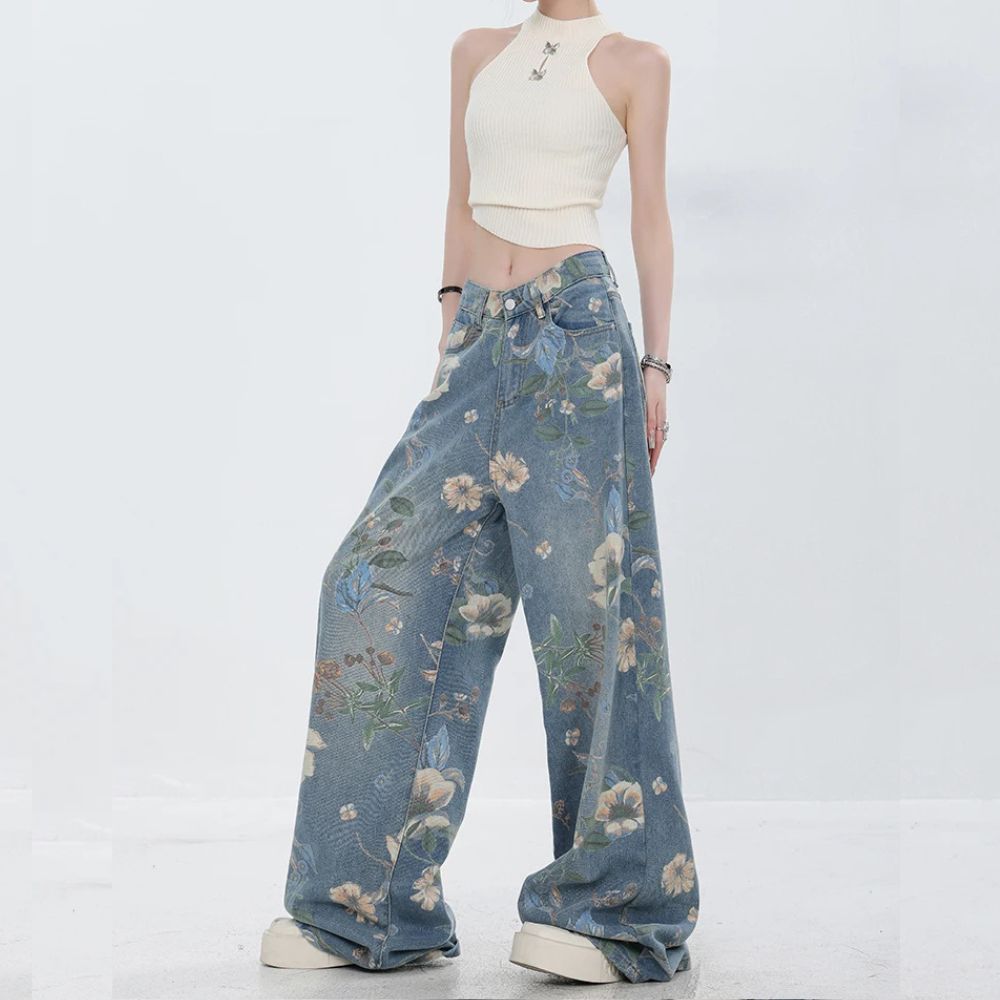 Floral Fusion Wide-Leg Jeans