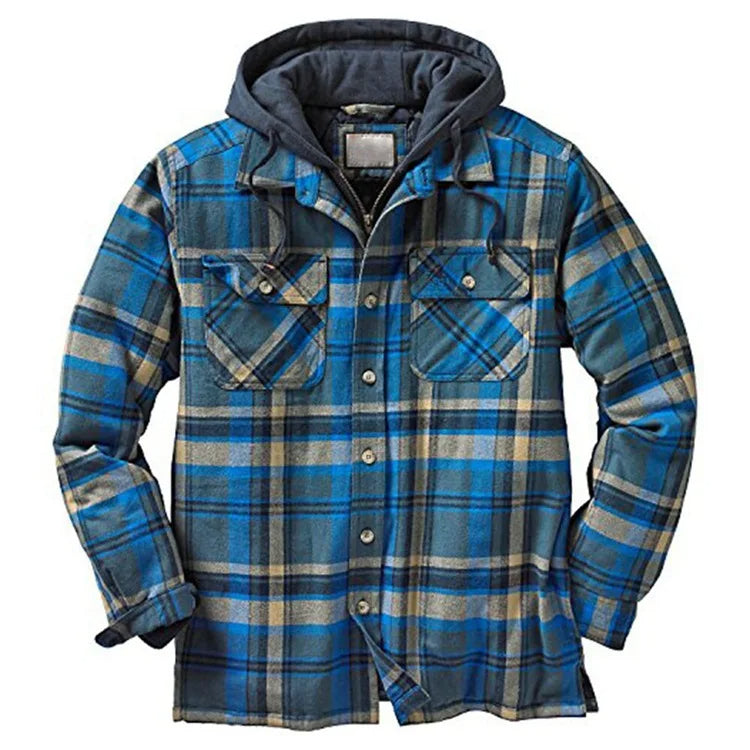 Thickened Hooded Plaid Jacket - Faux Two-Piece Design