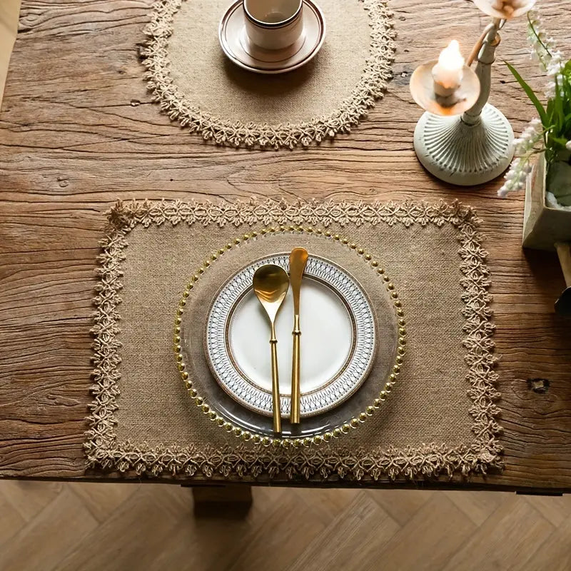 Round Table Placemats? Bulap Bliss sets the perfect rustic scene.