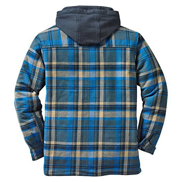 Thickened Hooded Plaid Jacket - Faux Two-Piece Design