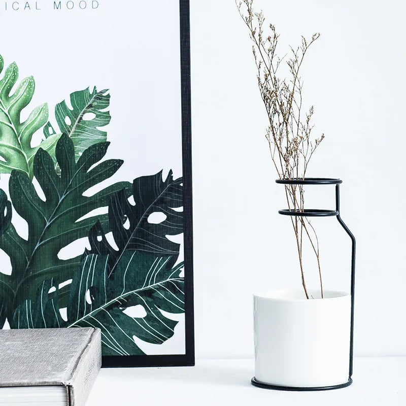 Minimalist Ceramic and Iron Vase Duo - Modern Home Decor Accent