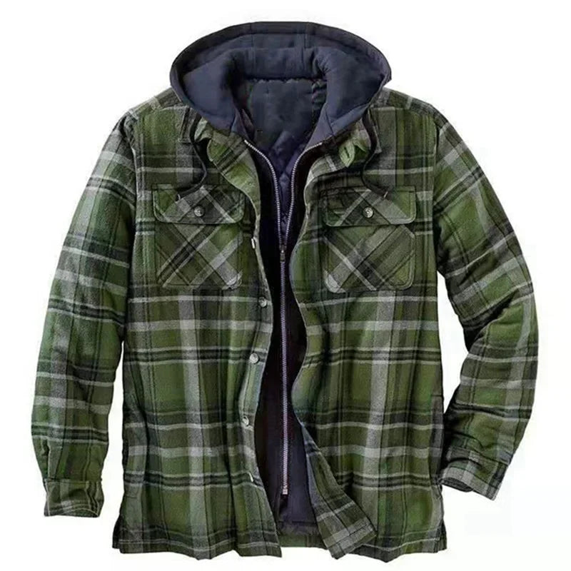 Thickened Hooded Plaid Jacket - Faux Two-Piece Design