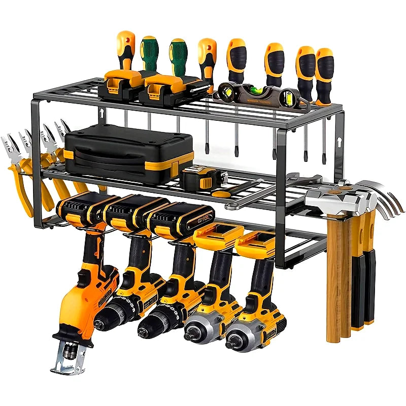 Heavy-Duty Wall-Mount Power Tool Organizer - Sturdy Metal Drill Rack for Garage Storage