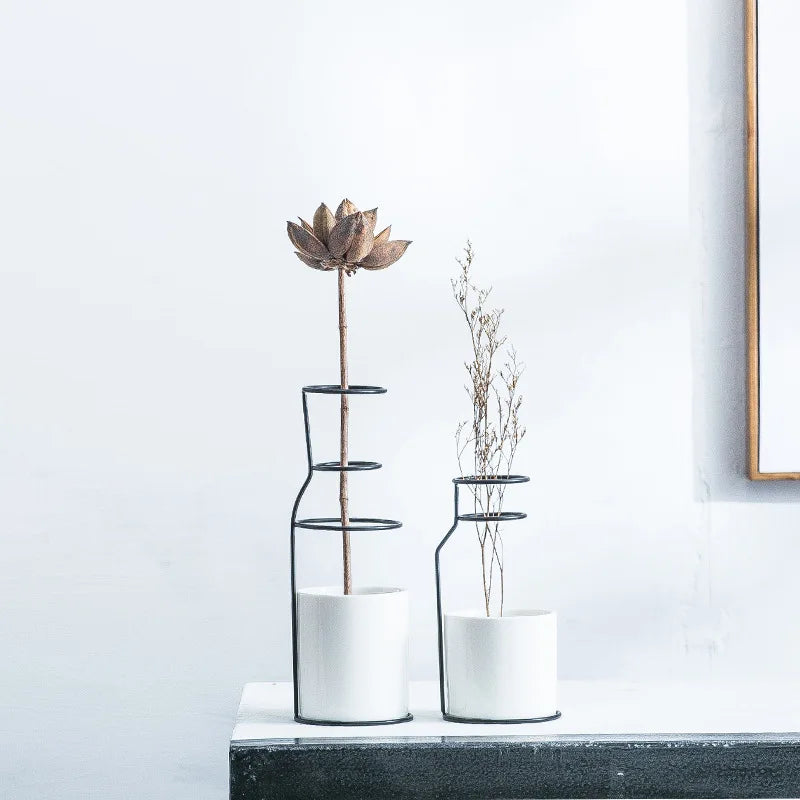 Minimalist Ceramic and Iron Vase Duo - Modern Home Decor Accent