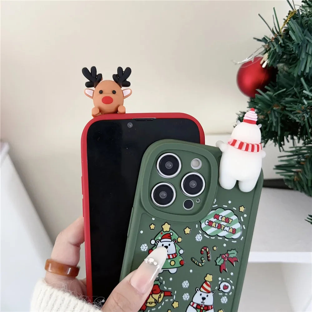 Festive 3D Bear & Reindeer Christmas Case for iPhone – Soft Silicone Cover