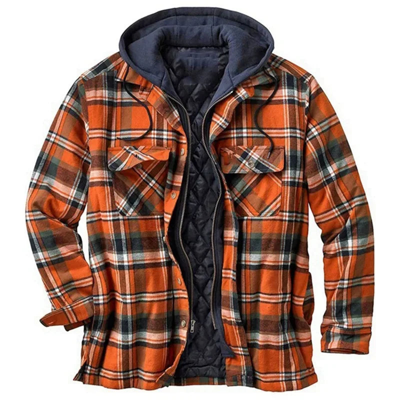 Thickened Hooded Plaid Jacket - Faux Two-Piece Design