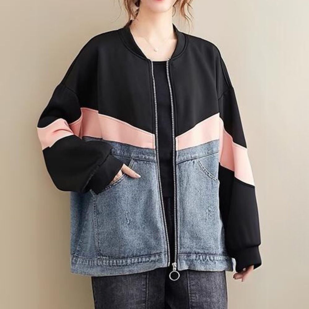 Casual Contrast Stitching Denim & Pink Color Jacket - Plus Size