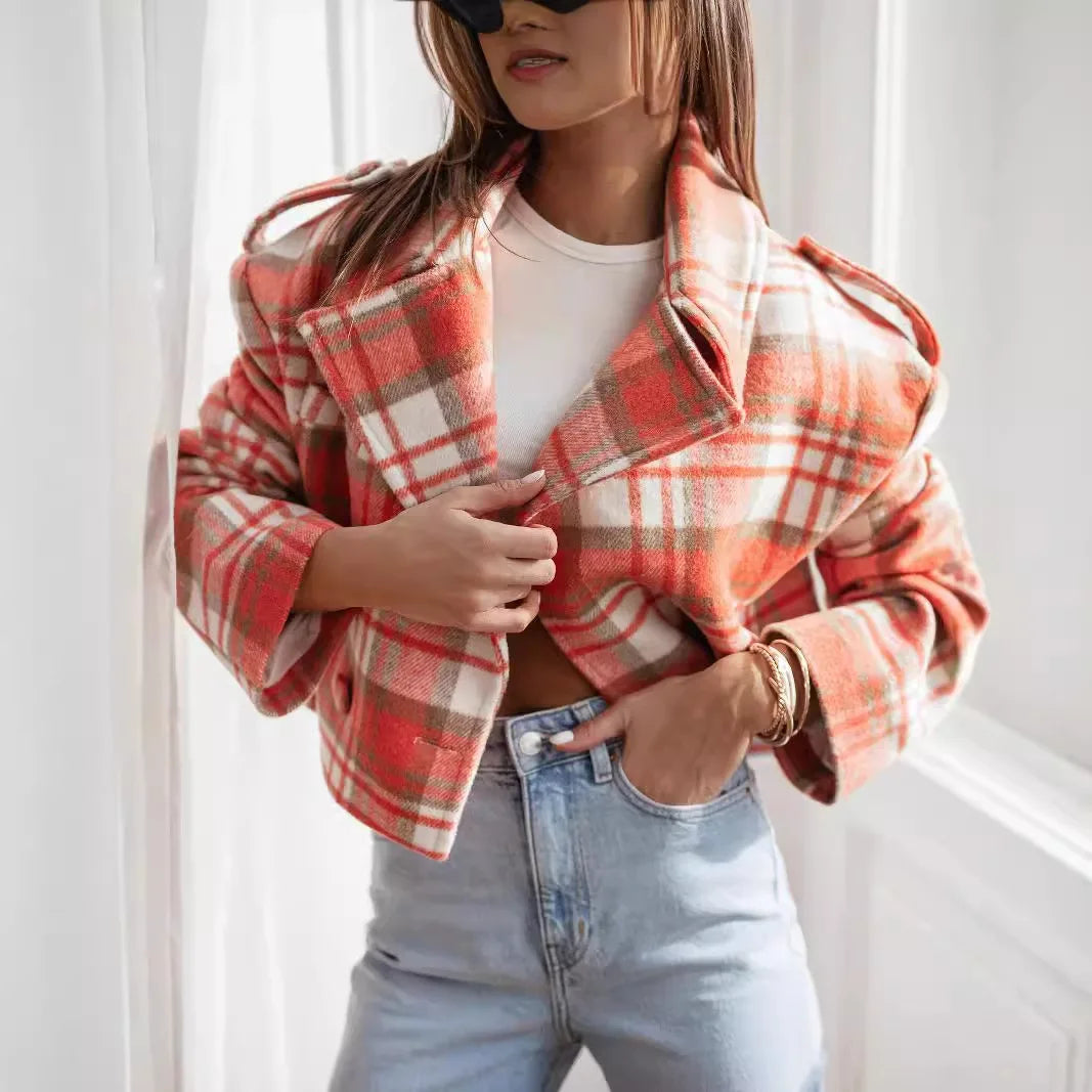 Plaid Charm Cropped Thickened Jacket