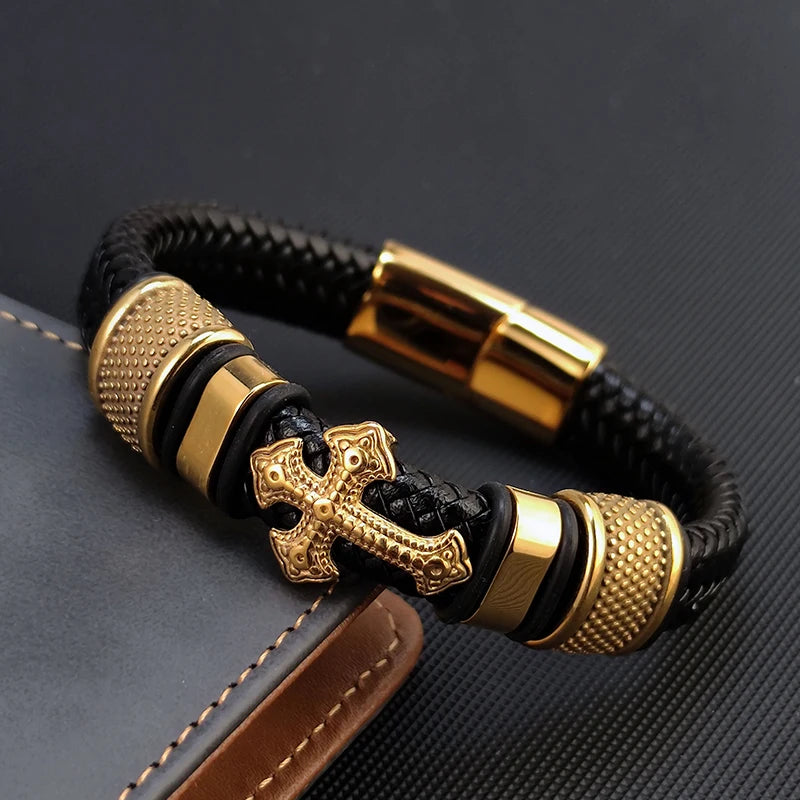 Crusader's Cross Leather Wristband