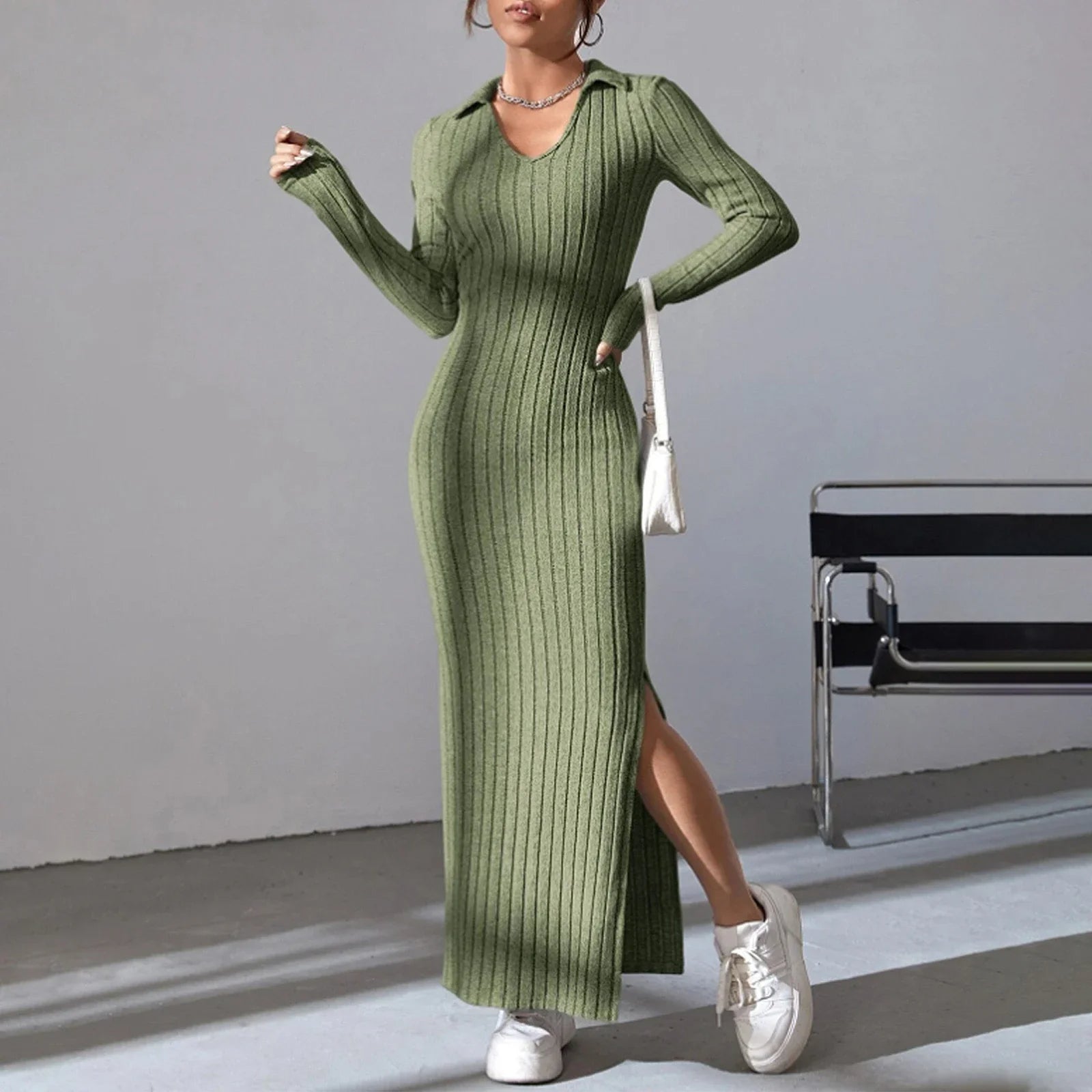 Elegant Ribbed Knit V-Neck Split Side Maxi Dress