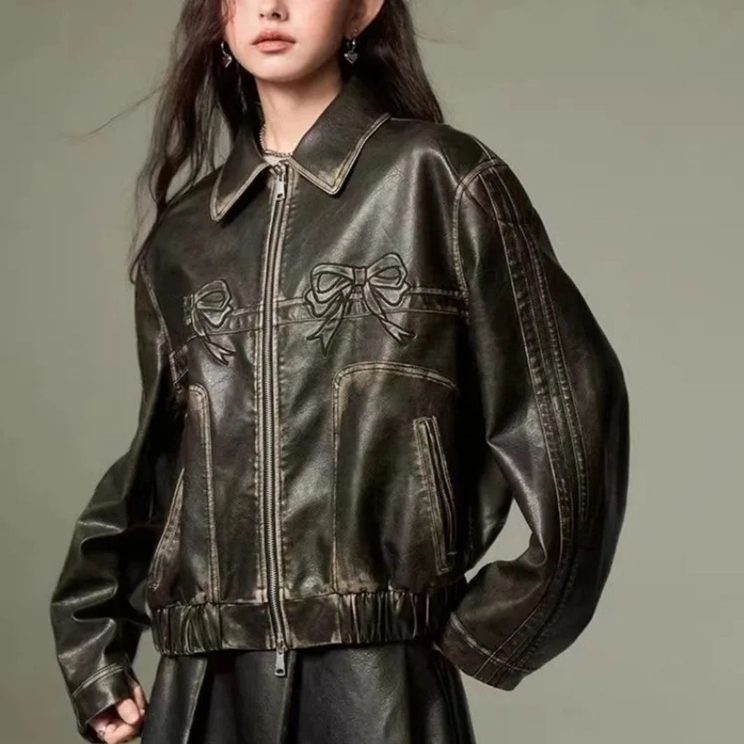 Bow Bomber Faux Leather Jacket