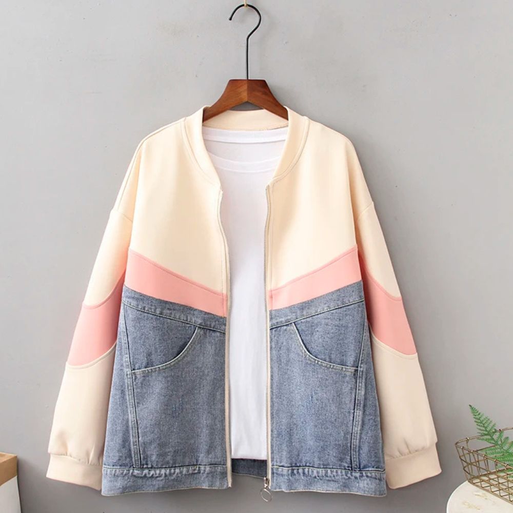 Casual Contrast Stitching Denim & Pink Color Jacket - Plus Size