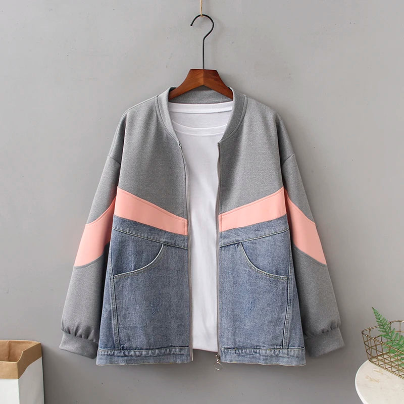 Casual Contrast Stitching Denim & Pink Color Jacket - Plus Size